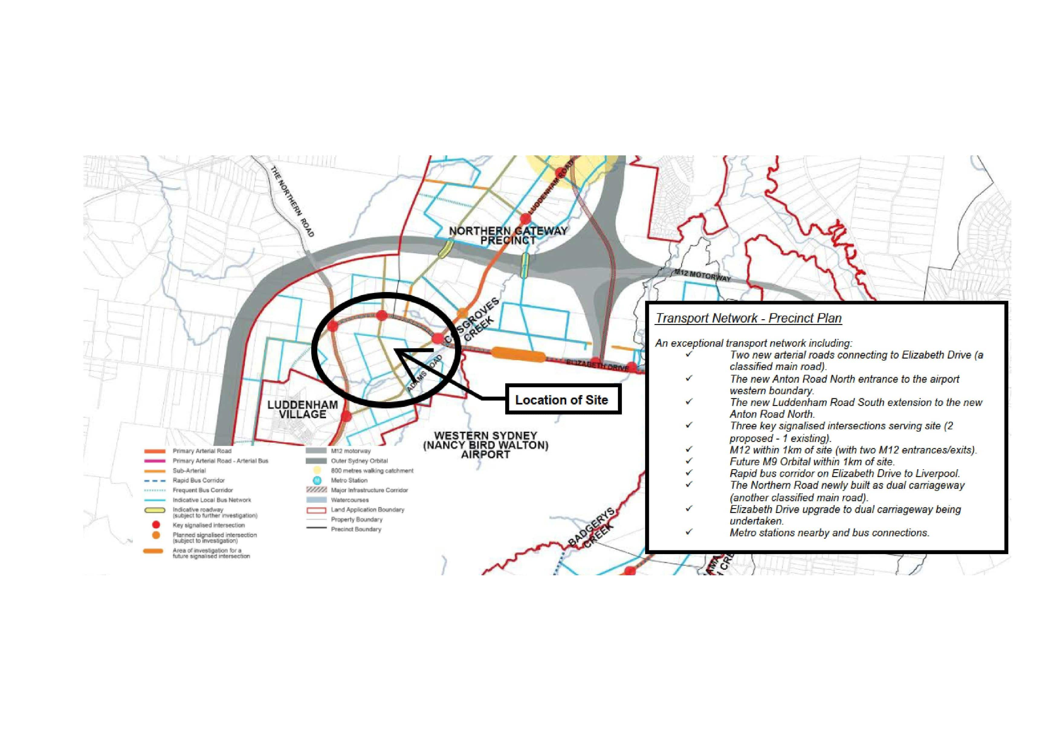 Transport Network Map from the Precinct Plan. Three signalised intersections along Elizabeth Drive and new Anton Road Nth and Luddenham Road South